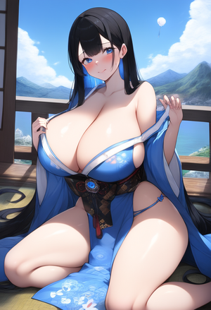 Black haired, female, blue eyes, blue kimono, huge breasts, blushing, kneeling s-1940067893.png